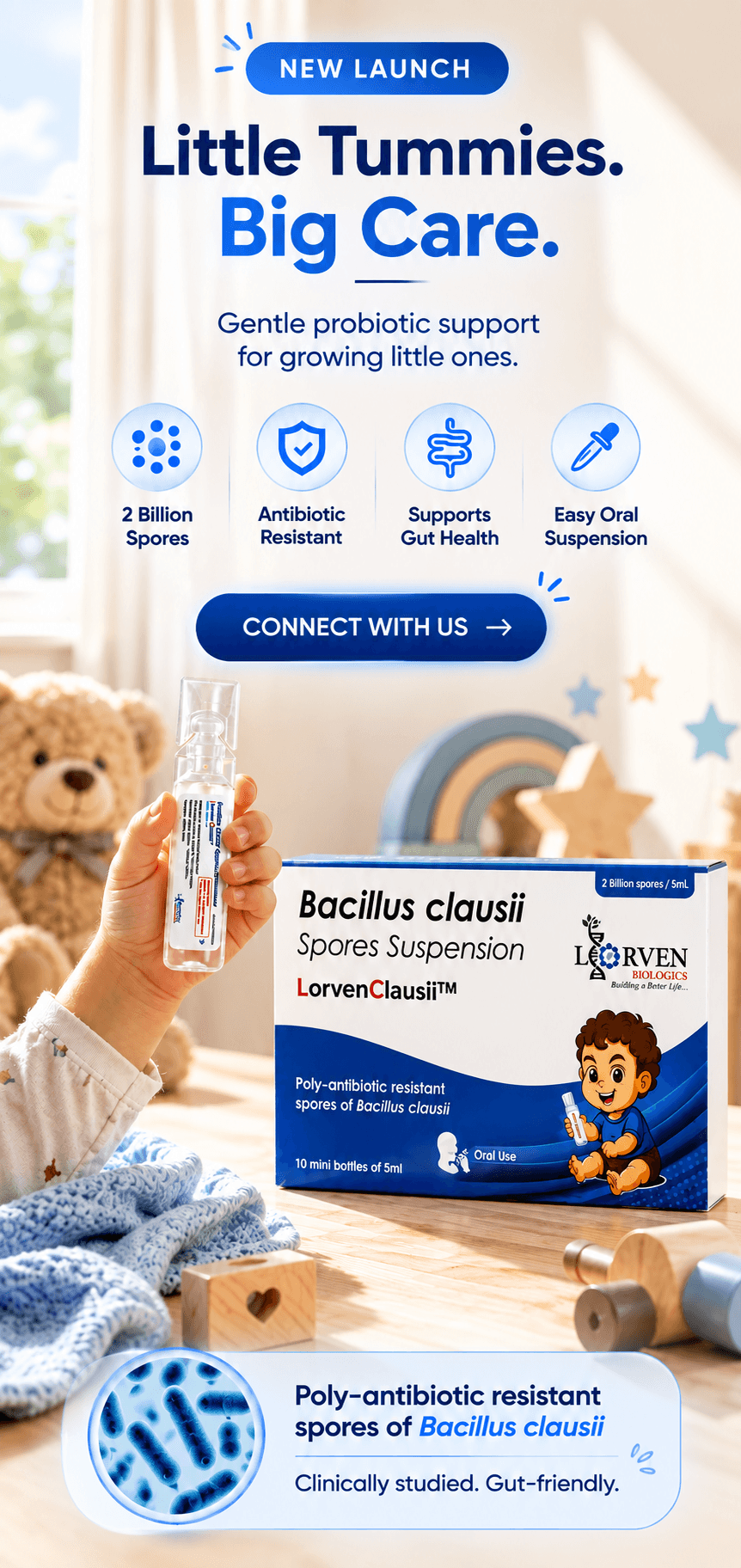 New launch — LorvenClausii: little tummies, big care. Gentle probiotic support for growing little ones.